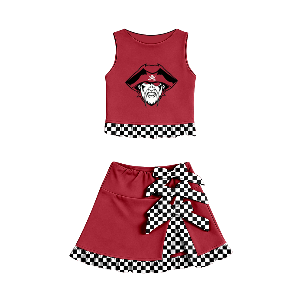 custom moq 5 mix size MSD070804 Baby Girls Summer Vest Checked Bow Scallop Edge Skort Yoga Active Casual  Clothes Set