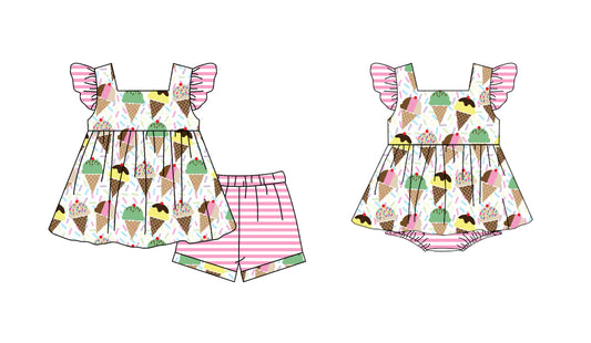 3.10 custom each style moq 5eta 4-6week Sibling Sister ice cream baby girl short sleeve shorts sets and romper match design