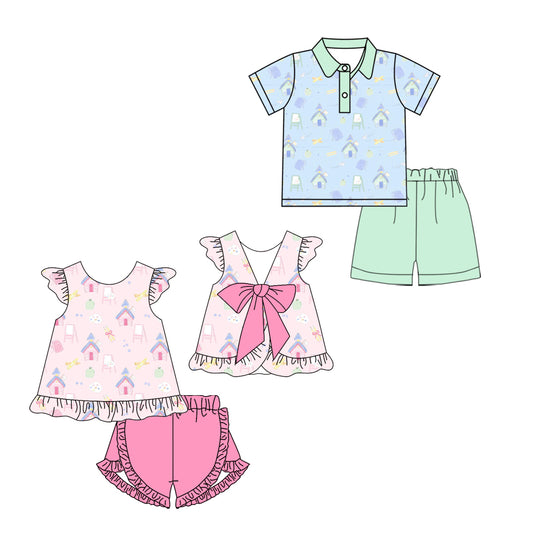 3.2 Custom moq 5 mix size Sibling Baby Girls Boys Back To School Short-Sleeved Top And Shorts Set  for Infants