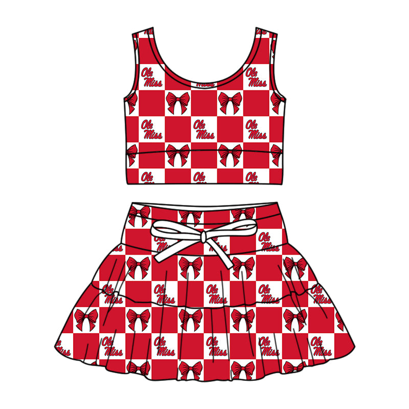 Custom moq 3 or 5 mix size milk silk summer teams baby girl clothes bow red sleeveless skirts sets-26.1.19