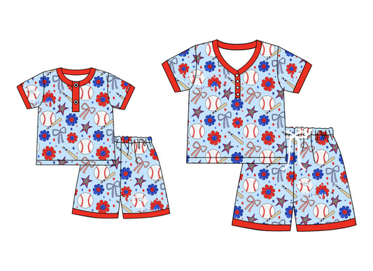 4.19 custom each style moq 5eta 4-6week Sibling Sister baseball bow short sleeve shorts sets and adult sets match design