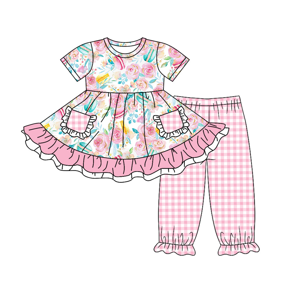 5.22custom each style moq 5eta 4-5week Sibling Sister pink flroal grid girls outfits and baby romper match family design