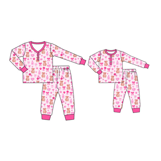 12.2 custom each style moq 5eta 4-6week Sibling Sister bear love pink baby girls long sleeve pants sets and adult sets match design
