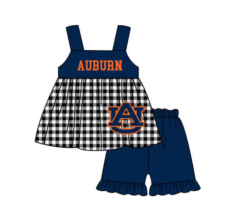 Custom moq 5 mix size milk silk summer teams baby girl boys clothes Navy Blue Black and white checkered short sleeve shorts sets 3 and dress and rompers 2 series