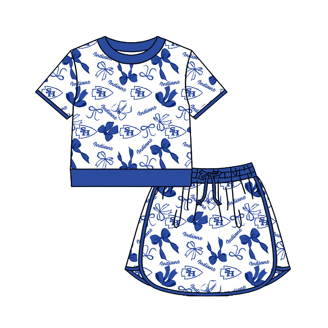 Custom moq 5 mix size milk silk summer teams Girls Blue Polka Dot Top Shorts Set Top Skirt Short Set Zipper Pullover Pants Set