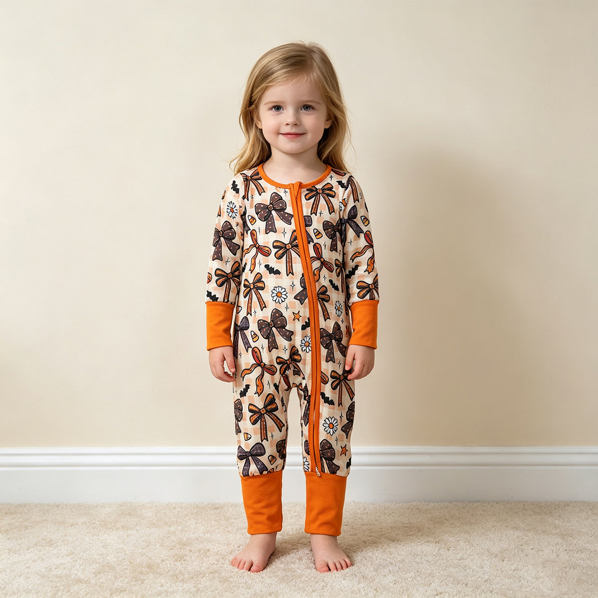NEW RTS NO MOQ milk silk LR3161 Baby Girls Halloween Candy Bow Floral Print Two Way Zip Front Convertible Romper