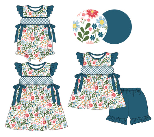 3.8 custom each style moq 5eta 4-6week Sibling Sisters floral baby girl short sleeve shorts sets and dress and rompers match family design