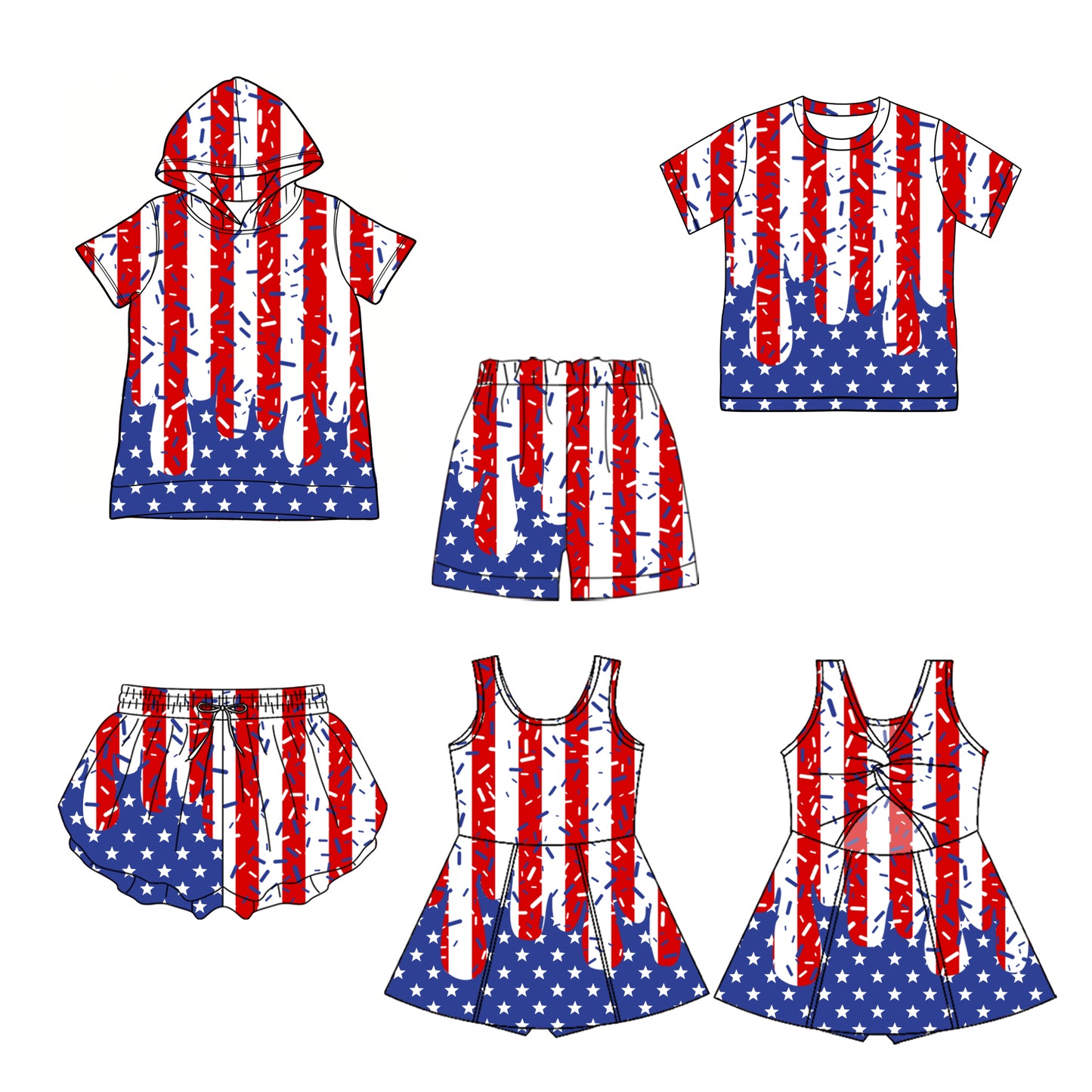 Custom moq 5 mix size Sibling Baby Boy Short-Sleeved Hooded Top and Crew Neck Top with Shorts Baby Girl Yoga Shorts And Dress for Kids Ice Cream Drip 4th of July Clothing