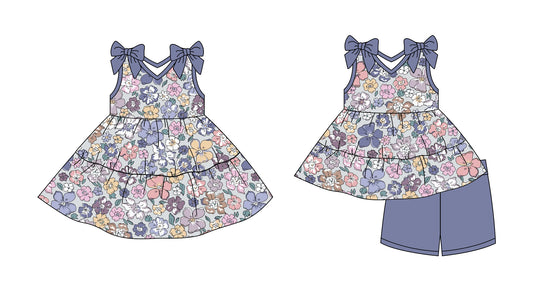 2.28 custom each style moq 5eta 4-6week Sibling Sister floral baby girl short sleeve shorts sets and dresses match design