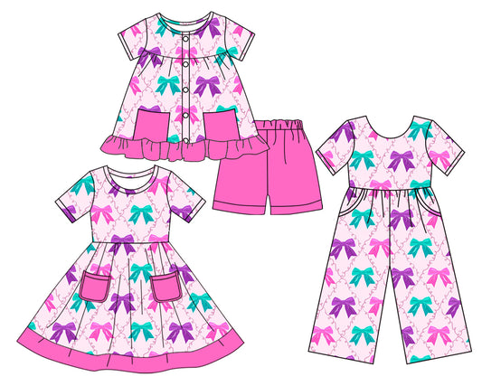 25.5.23 custom each style moq 5eta 4-6week Sibling Sister bow baby girl short sleeve shorts sets and dresses and jumpsuit match design