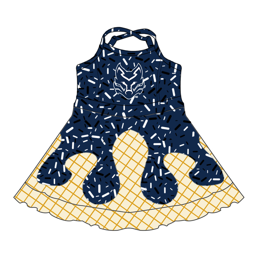Custom moq 5 mix size milk silk baby girls clothes team bow navy blue hooded long sleeve tops and shorts and jacket and dress-25.7.26