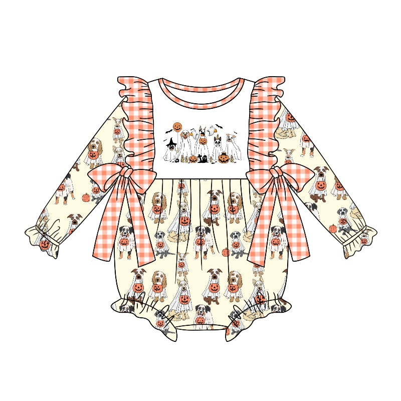 5.9custom each style moq 5eta 4-5week Sibling Sister Halloween style print orange girls outfits and baby romper and dress match family design