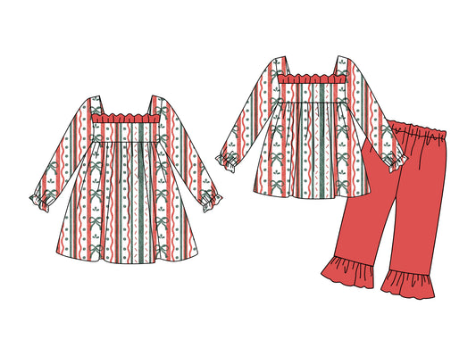 25.5.26 custom each style moq 5eta 4-6week Sibling Sisters Christmas bow baby girl long sleeve pants sets and dress match family design