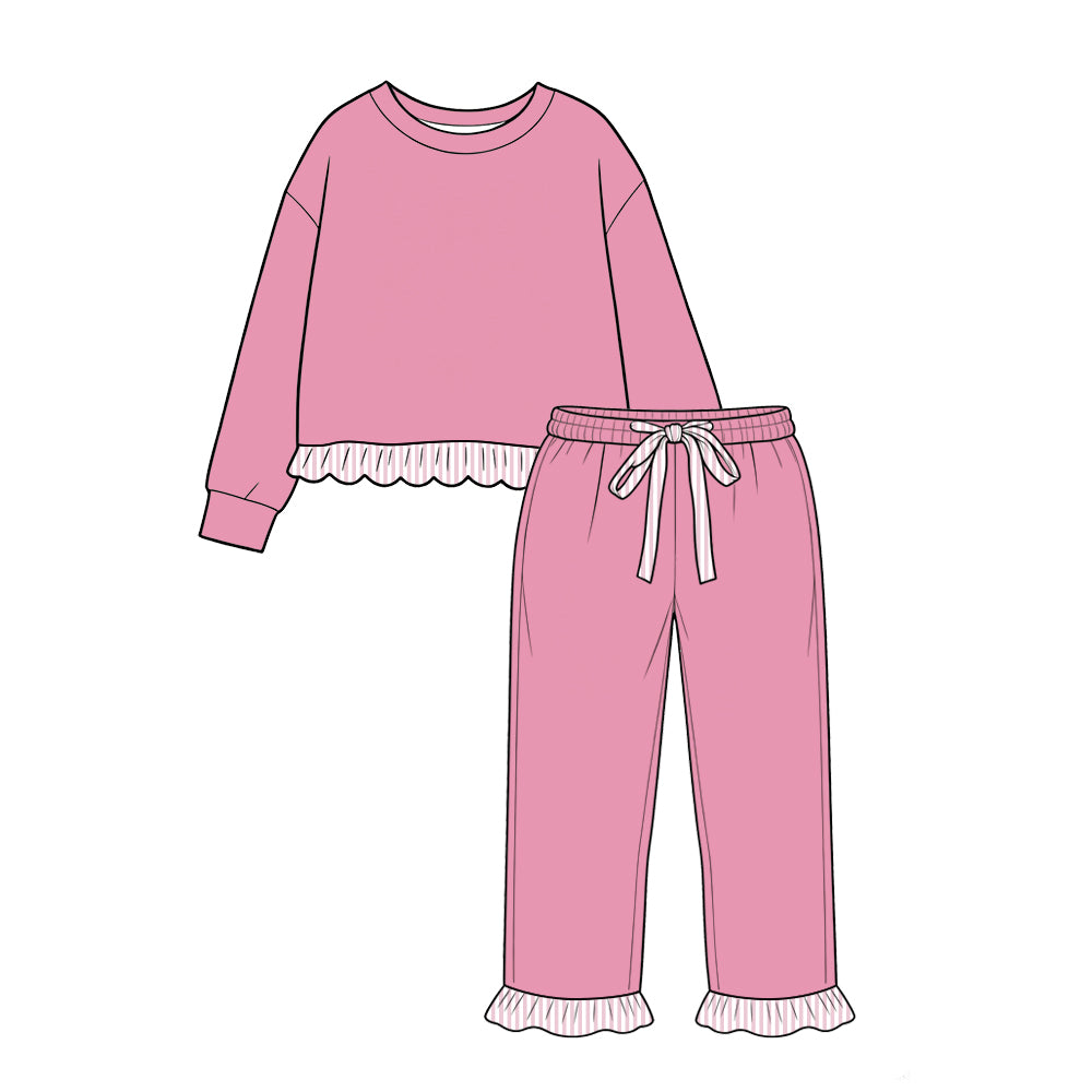 custom moq 5 mix size Baby Girls Solid Pink Long Sleeve Top Striped Trim Ruffle Pants Outfit Set