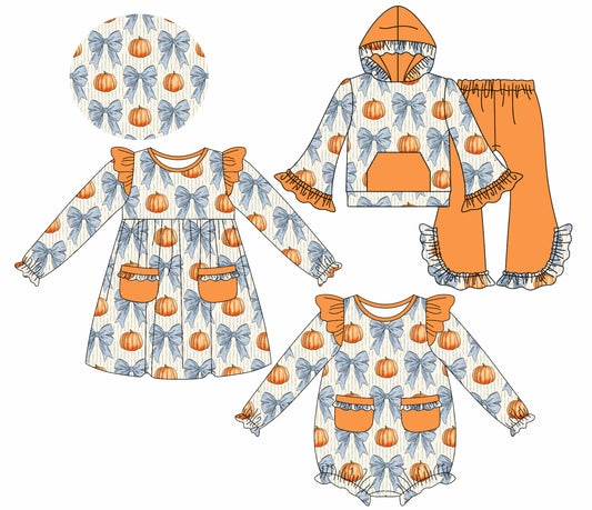 25.7.28 custom each style moq 5eta 4-6week Sibling Sisters pumpkin bow baby girl long sleeve pants sets and dress and rompers match family design