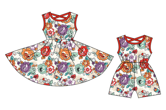 12.25 custom each style moq 5eta 4-6week Sibling Sister floral baby girl short sleeve shorts dress and jumpsuit match design