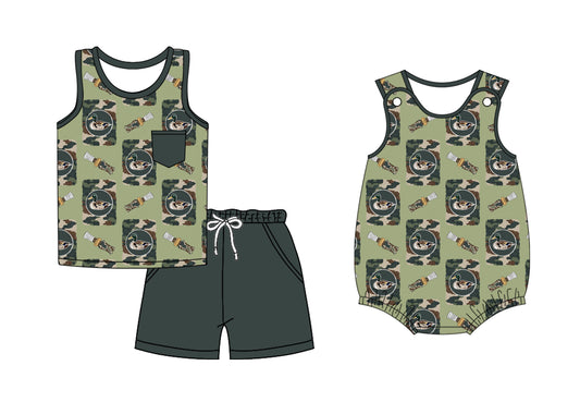 3.14 Custom moq 5 mix size Sibling Baby Boys Green Sleeveless Romper Top And Shorts Set for Infants