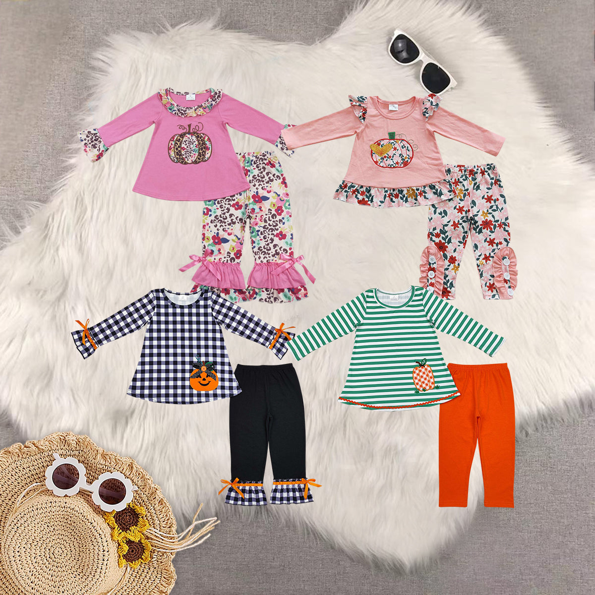 RTS NO MOQ Sibling Baby Girls embroidery pumpkin Long Sleeve Pants Set