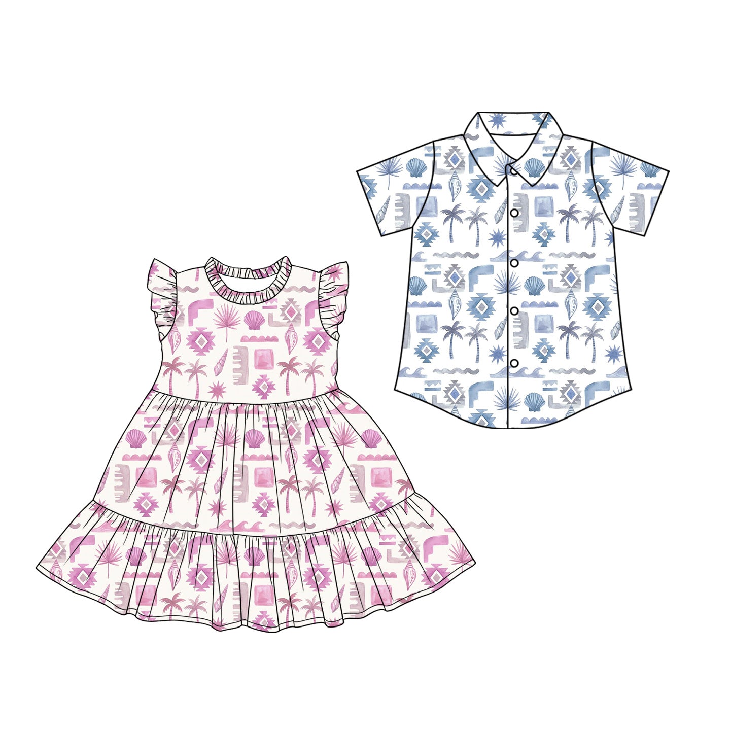 Custom moq 5 mix size Sibling Baby Boy Blue Short-Sleeved Button-Down Shirt And Baby Girl Pink Dress Set