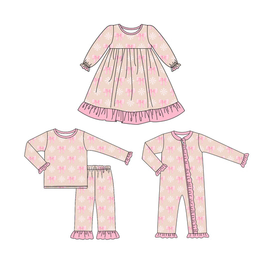 25.6.21 custom each style moq 5eta 4-6week Sibling Sisters bow pink baby girl long sleeve pants sets and dress and rompers match family design