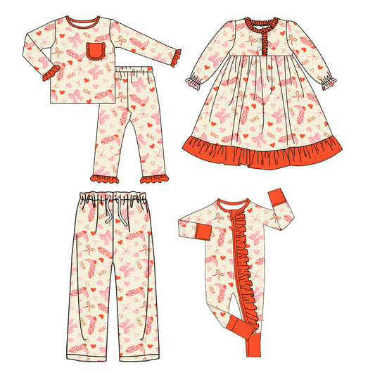 25.9.14 custom each style moq 5eta 4-8week Sibling Sister love bow baby long sleeve pants sets and romper and dress and adult pants match design