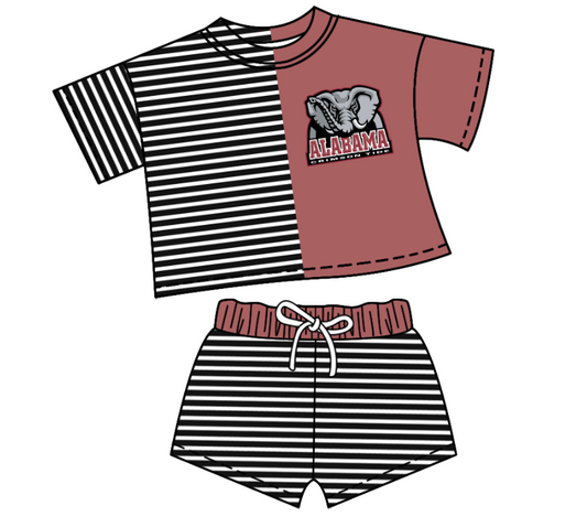 Custom moq 5 mix size milk silk summer teams Children's Striped Outfit Set Short-Sleeved Crew Neck Top And Drawstring Shorts for Kids