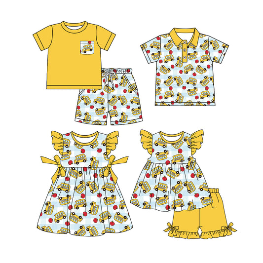 25.12.29 custom each style moq 5 eta 6-8week Sibling Sister bus baby short sleeve shorts sets 2 and dress and top match design