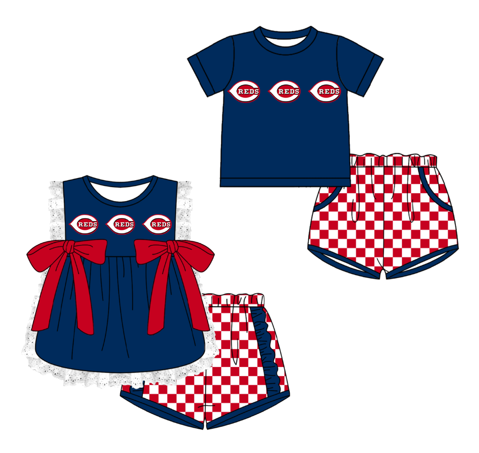 Custom moq 5 mix size milk silk summer teams Navy Blue Girl Sleeveless Top And Plaid Shorts Set with Bow Boy Short Sleeved Top And Plaid Shorts Set