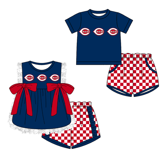 Custom moq 5 mix size milk silk summer teams Navy Blue Girl Sleeveless Top And Plaid Shorts Set with Bow Boy Short Sleeved Top And Plaid Shorts Set