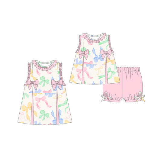 3.21 custom each style moq 5eta 4-6week Sibling Sister bow baby girl short sleeve shorts sets and dresses match design