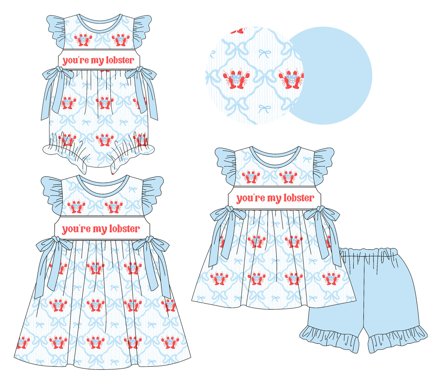 25.10.15 custom each style moq 5 eta 6-8week Sibling Sister lobster baby short sleeve shorts sets and romper and dress match design