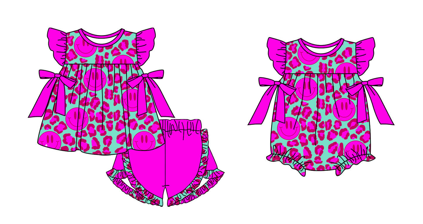 11.13 custom each style moq 5eta 4-6week Sibling Sister smiley leopard baby girl short sleeve shorts sets and rompers match design