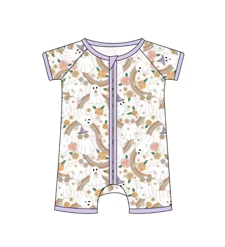 5.9custom each style moq 5eta 4-5week Sibling Sister Halloween cute ghost prints purple girls and boys outfits and baby rompers match family design