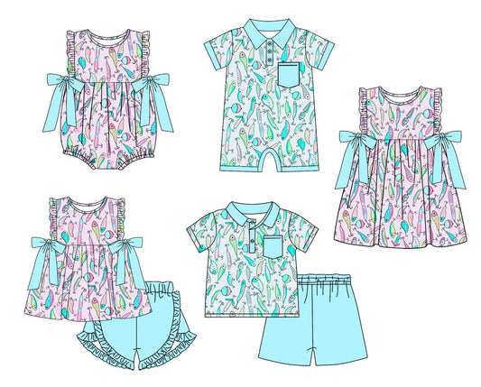 11.15 custom each style moq 5eta 4-6week Sibling Sister green baby girl short sleeve shorts sets and sets 2 and girls romper and boy romper and dress match design