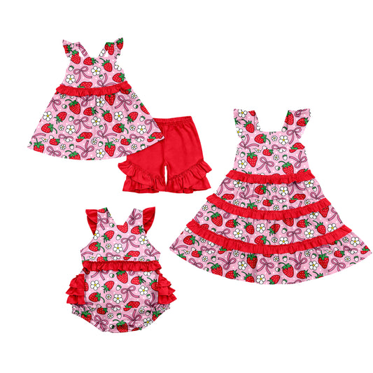 Custom moq 5 mix size Sibling Baby Girl's Floral Print Short-Sleeved red Top And Shorts Set Cute Romper Dress for Spring Summer