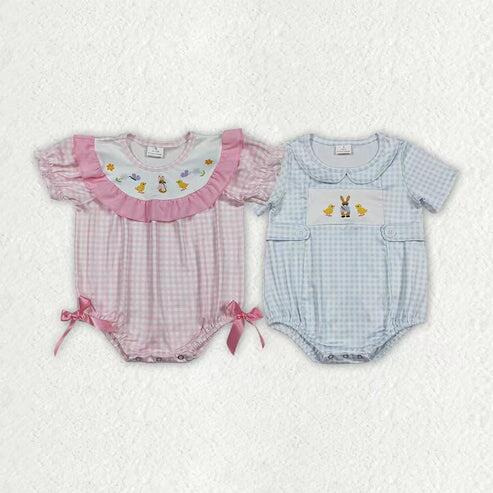 RTS NO MOQ Sibling Baby Boys Girls Checked Easter Rompers Rabbit Chicks Print