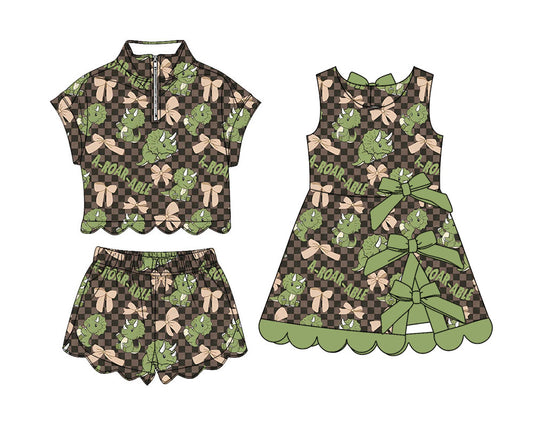 4.9 Custom moq 5 mix size Sibling Baby Girls Checked Zipper Top Short Scallop Sets Yoga Active Scallop Short Knee Length Dress