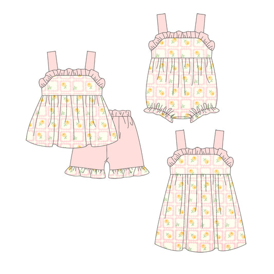 3.24  Custom moq 5 mix size Sibling Baby Girl's Strap Top And Pink Short Set Cute Romper Dress Summer Outfit