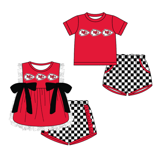 Custom moq 5 mix size milk silk summer teams Red  Girl Sleeveless Top And Plaid Shorts Set with Bow Boy Short Sleeved Top And Plaid Shorts Set