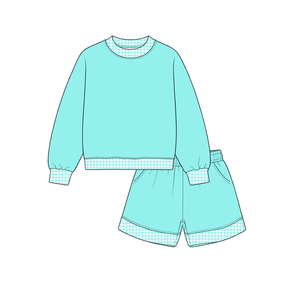 Custom moq 5 girls  Blank Cotton Fabric Sweatshirt Shorts Set Light Mint Blue Sweatshirt and Shorts Set
