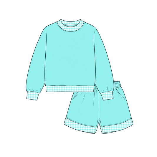 Custom moq 5 girls  Blank Cotton Fabric Sweatshirt Shorts Set Light Mint Blue Sweatshirt and Shorts Set