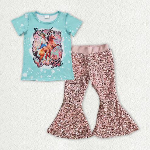 RTS NO MOQ Sibling Baby Girls Western Clothes Set Tunic Top with Bell Bottom Pants