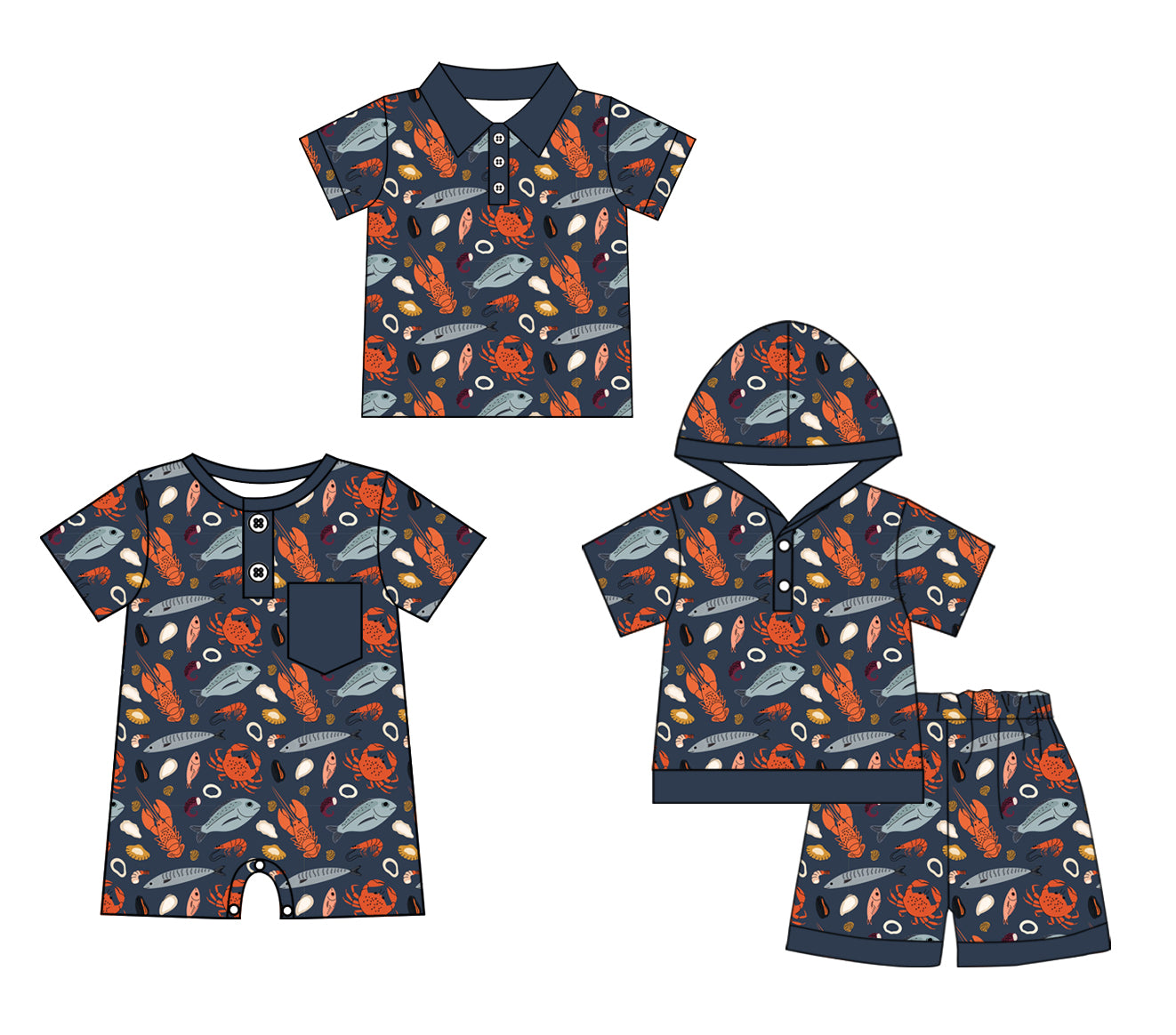 11.28 custom each style moq 5eta 4-6week Sibling Sister fishing baby boy short sleeve shorts sets and boy romper and top match design