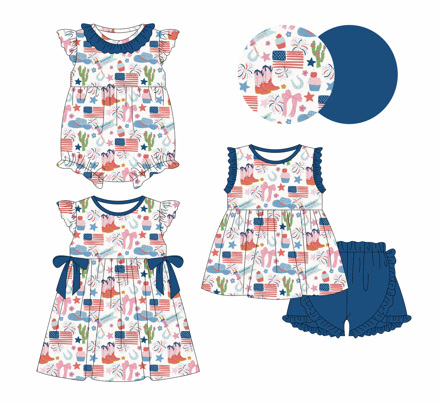 12.28 custom each style moq 5eta 4-6week Sibling Sister 4th of july baby girl short sleeve shorts sets and dress and rompers match family design