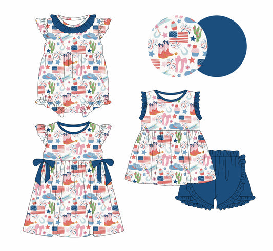 12.28 custom each style moq 5eta 4-6week Sibling Sister 4th of july baby girl short sleeve shorts sets and dress and rompers match family design