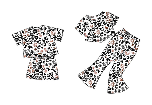 5.5 custom each style moq 5eta 4-6week Sibling Sisters leopard baby short sleeve shorts sets and pants sets match family design