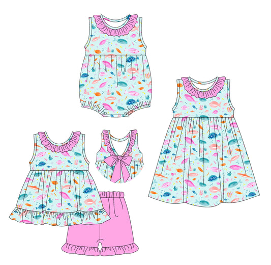 4.12 custom each style moq 5eta 4-6week Sibling Sisters fish baby girl short sleeve shorts sets and dress and rompers match family design