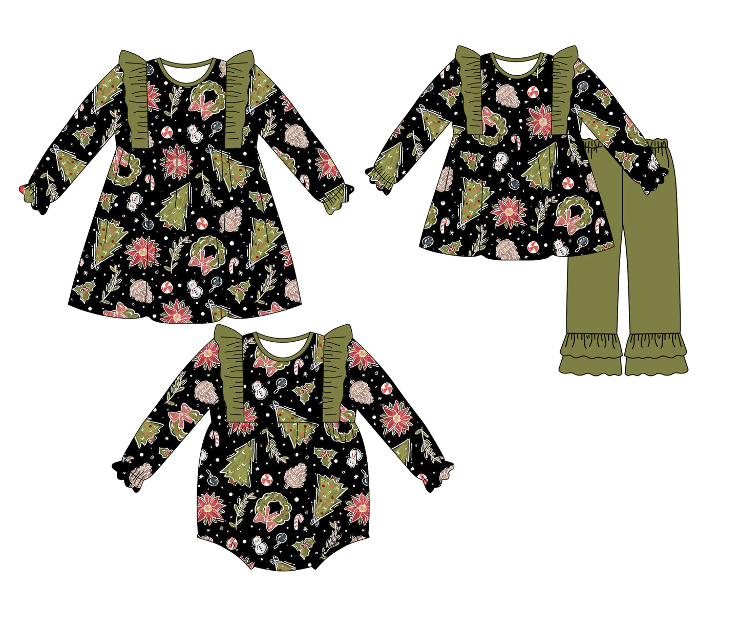 25.5.12 custom each style moq 5eta 4-6week Sibling Sisters Christmas trees baby girl long sleeve pants sets and dress and rompers match family design