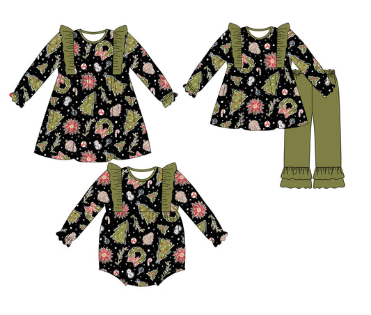 25.5.12 custom each style moq 5eta 4-6week Sibling Sisters Christmas trees baby girl long sleeve pants sets and dress and rompers match family design
