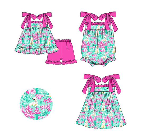 11.20 custom each style moq 5eta 4-6week Sibling Sister flroal pattern puppy baby girl short sleeve shorts sets and dress and rompers match family design